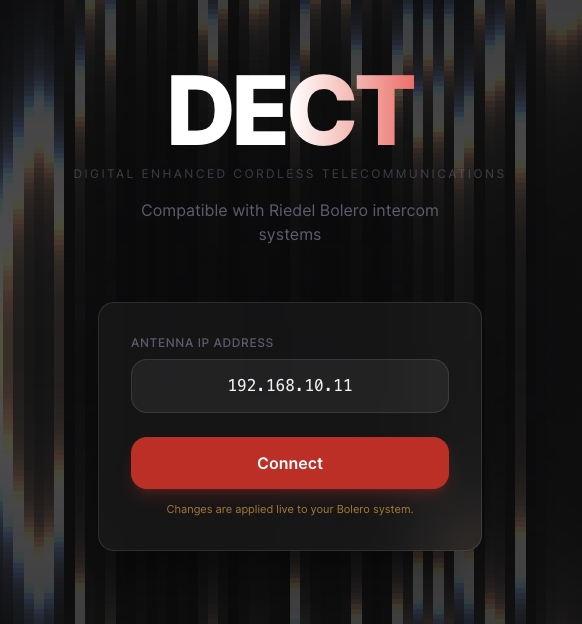 DECT connect screen with antenna IP address field and Connect button